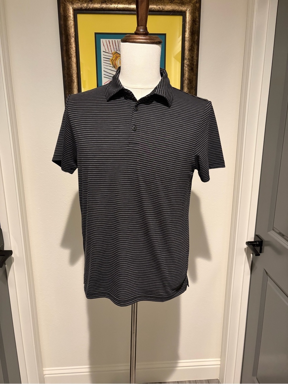Fresh Clean Threads Men's Black Gray Striped Performance Polo NWOT S